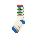 Pair of off-white crew socks with blue, green, and red stripes at the top and bottom. Text reads: 'These Are My Lucky Mahjong Socks'.