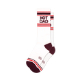 Pair of white crew socks with maroon and red stripes and 'HOT DAD' text.  Retro style.