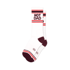 Pair of white crew socks with maroon and red stripes and 'HOT DAD' text.  Retro style.