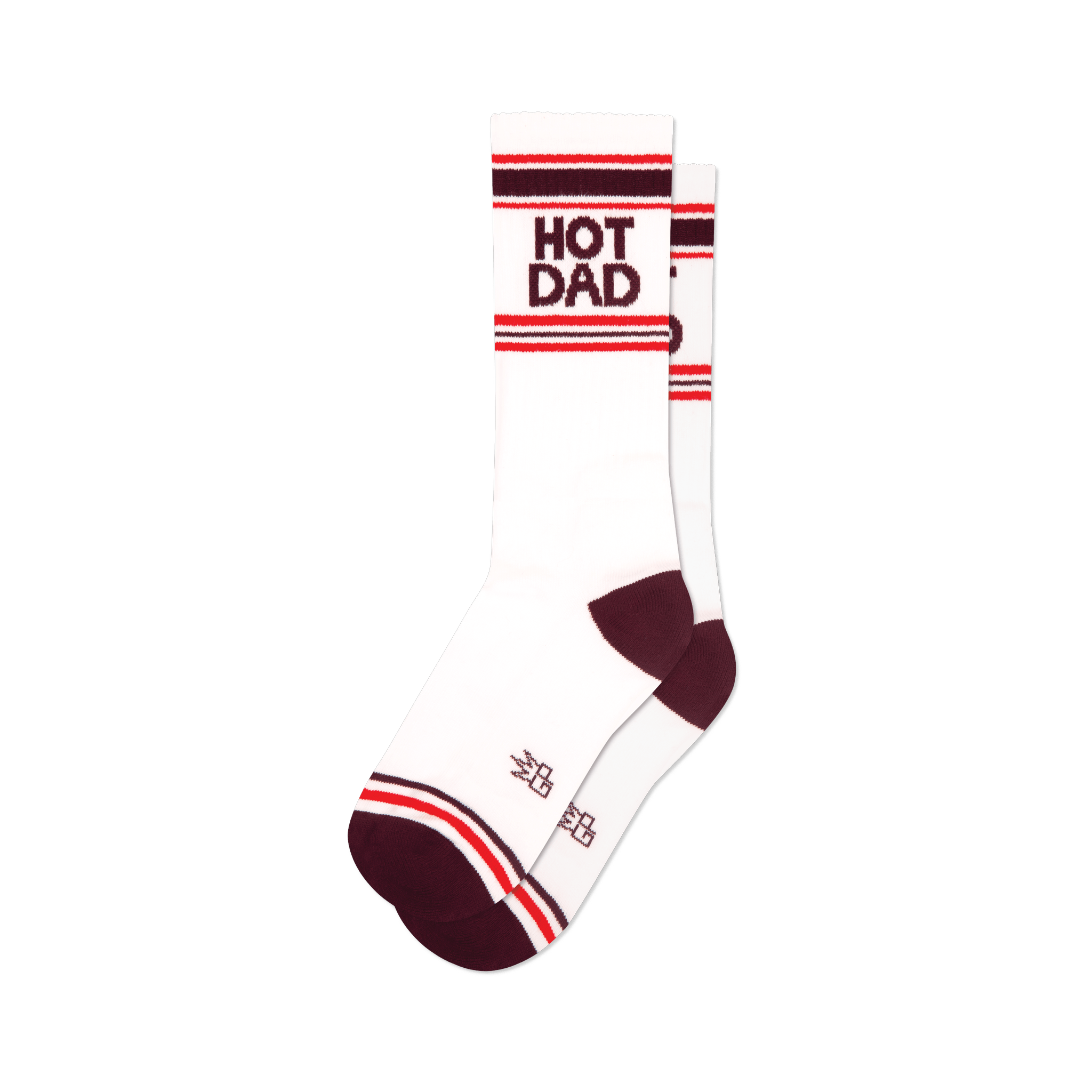 Pair of white crew socks with maroon and red stripes and 'HOT DAD' text.  Retro style.