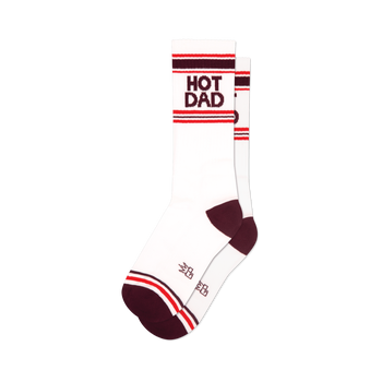 Pair of white crew socks with maroon and red stripes and 'HOT DAD' text.  Retro style.