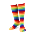 Pair of rainbow striped knee-high toe socks.  Features bold stripes of red, orange, yellow, green, blue, and purple.
