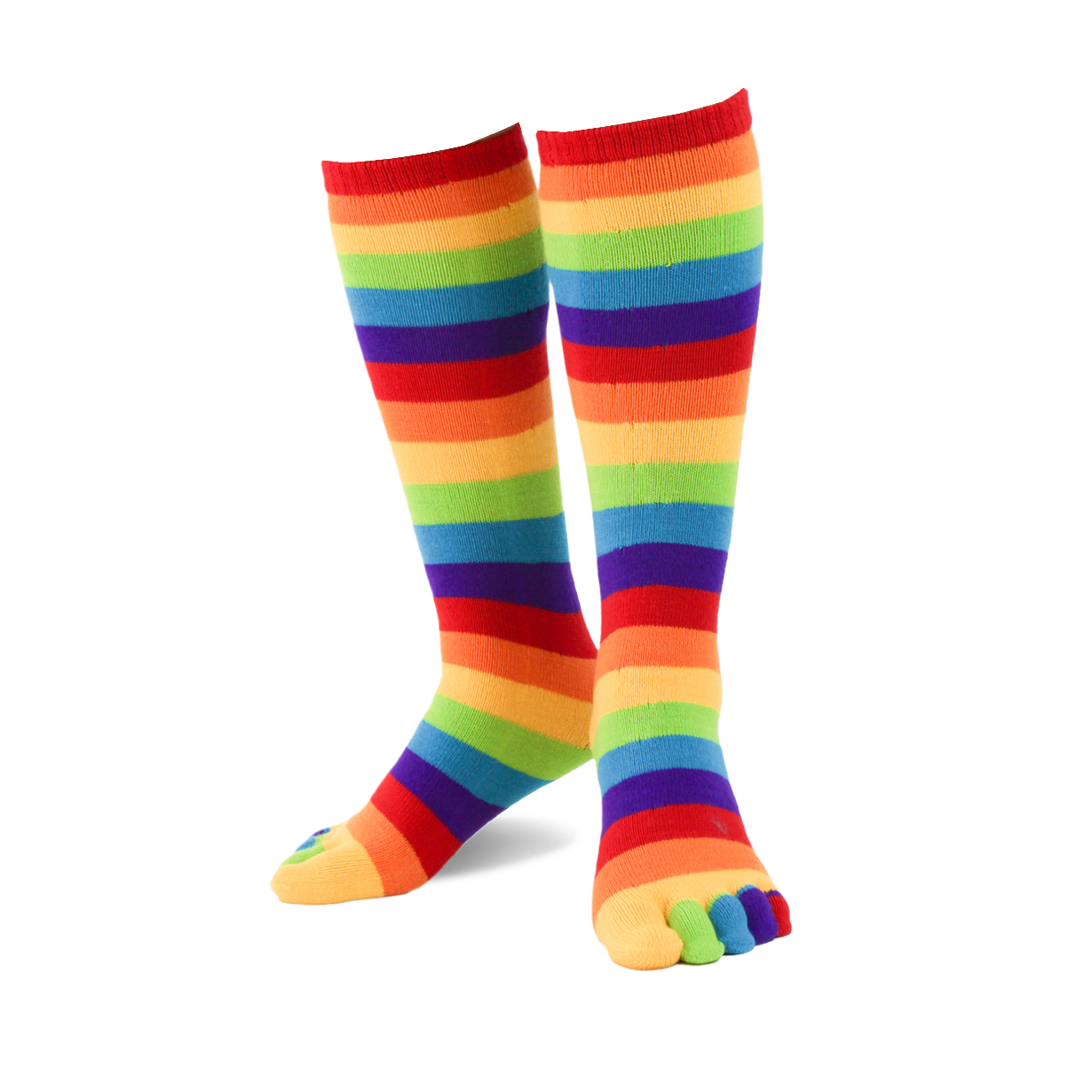 Pair of rainbow striped knee-high toe socks.  Features bold stripes of red, orange, yellow, green, blue, and purple.