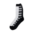 Black and white crew socks featuring a piano keyboard design.  The white keys are on one side and the black keys on the other.
