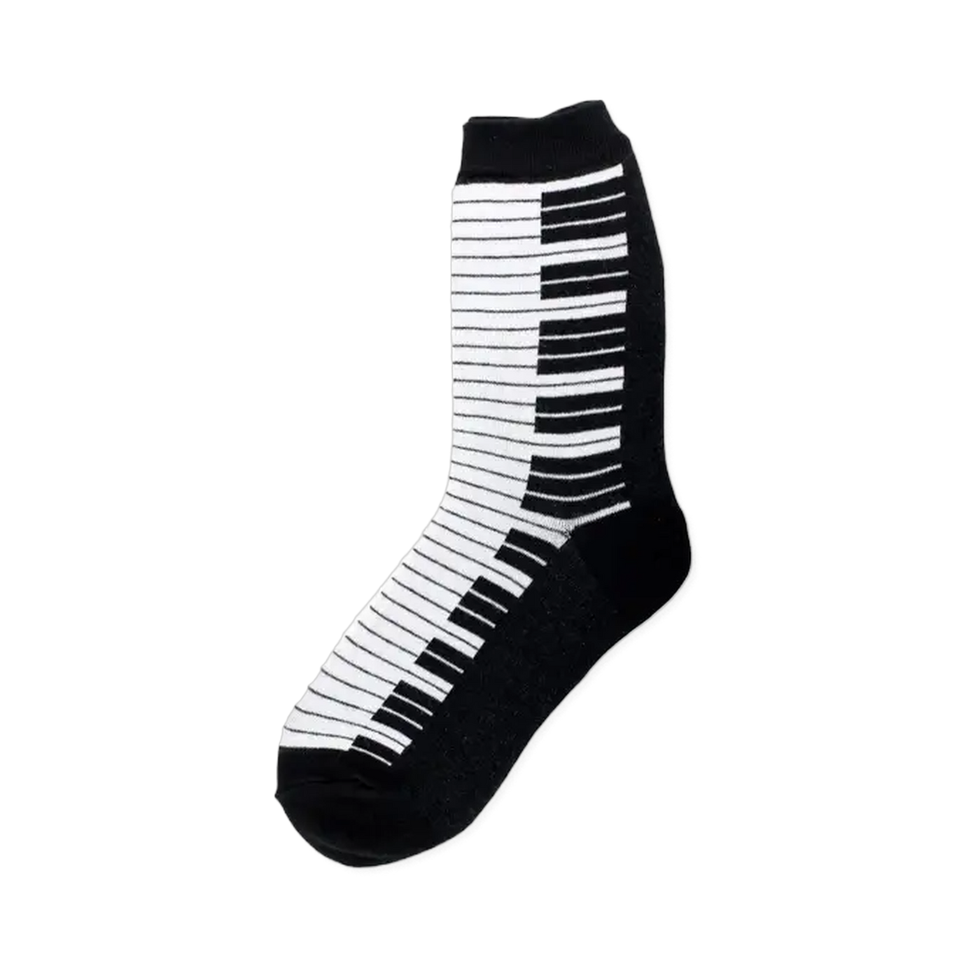 Black and white crew socks featuring a piano keyboard design.  The white keys are on one side and the black keys on the other.