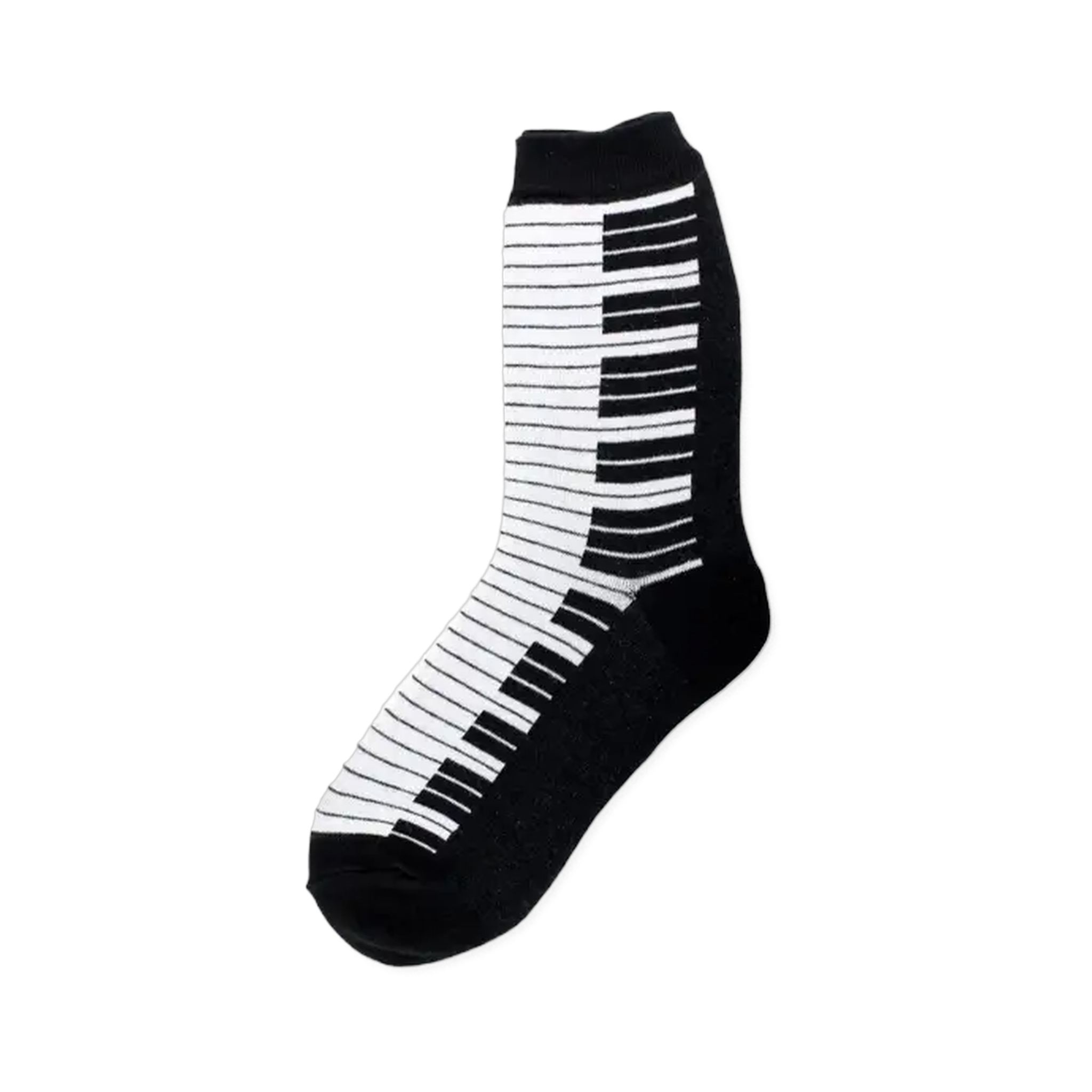 Black and white crew socks featuring a piano keyboard design.  The white keys are on one side and the black keys on the other.