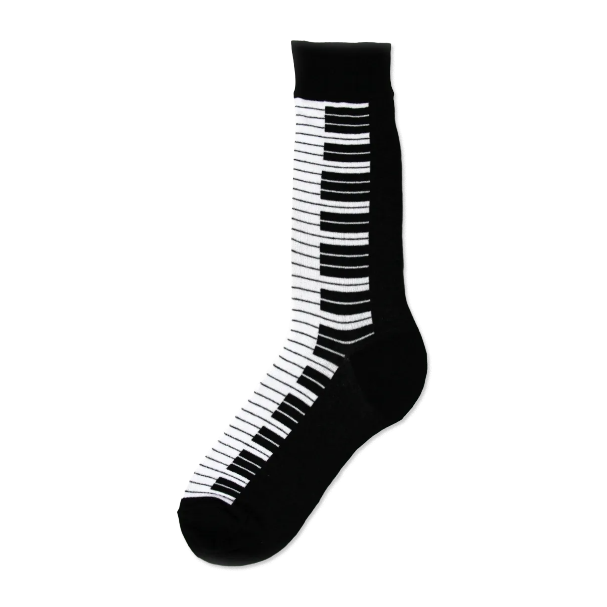 Black crew socks featuring a striking white and black piano key design running down the side. 