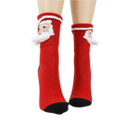 Close-up of Santa 3D socks on a model's feet, showing the design detail.