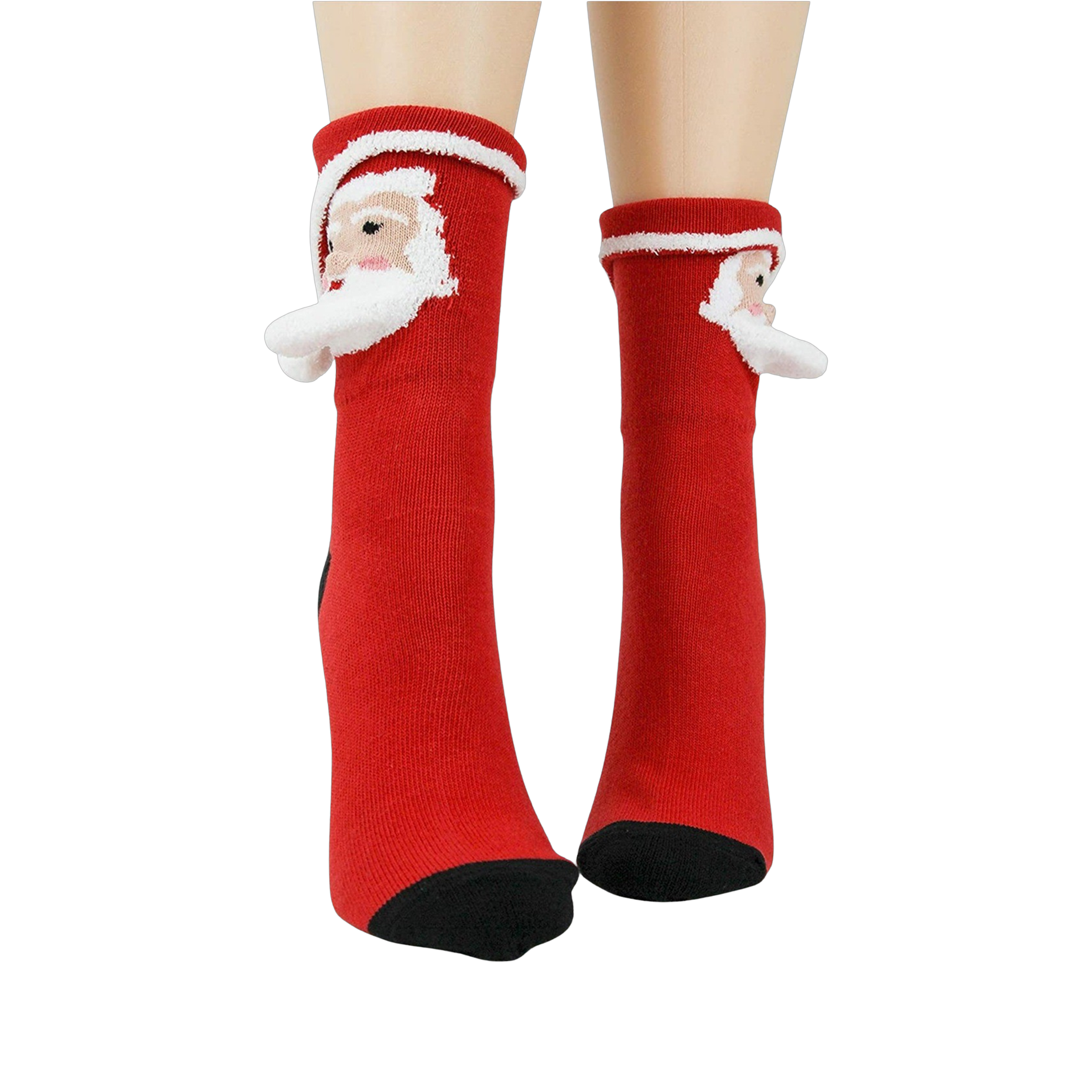 Close-up of Santa 3D socks on a model's feet, showing the design detail.