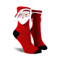 Red crew socks with a 3D Santa face and white fluffy beard. Black heel and toe. Festive and fun!