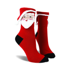 Red crew socks with a 3D Santa face and white fluffy beard. Black heel and toe. Festive and fun!