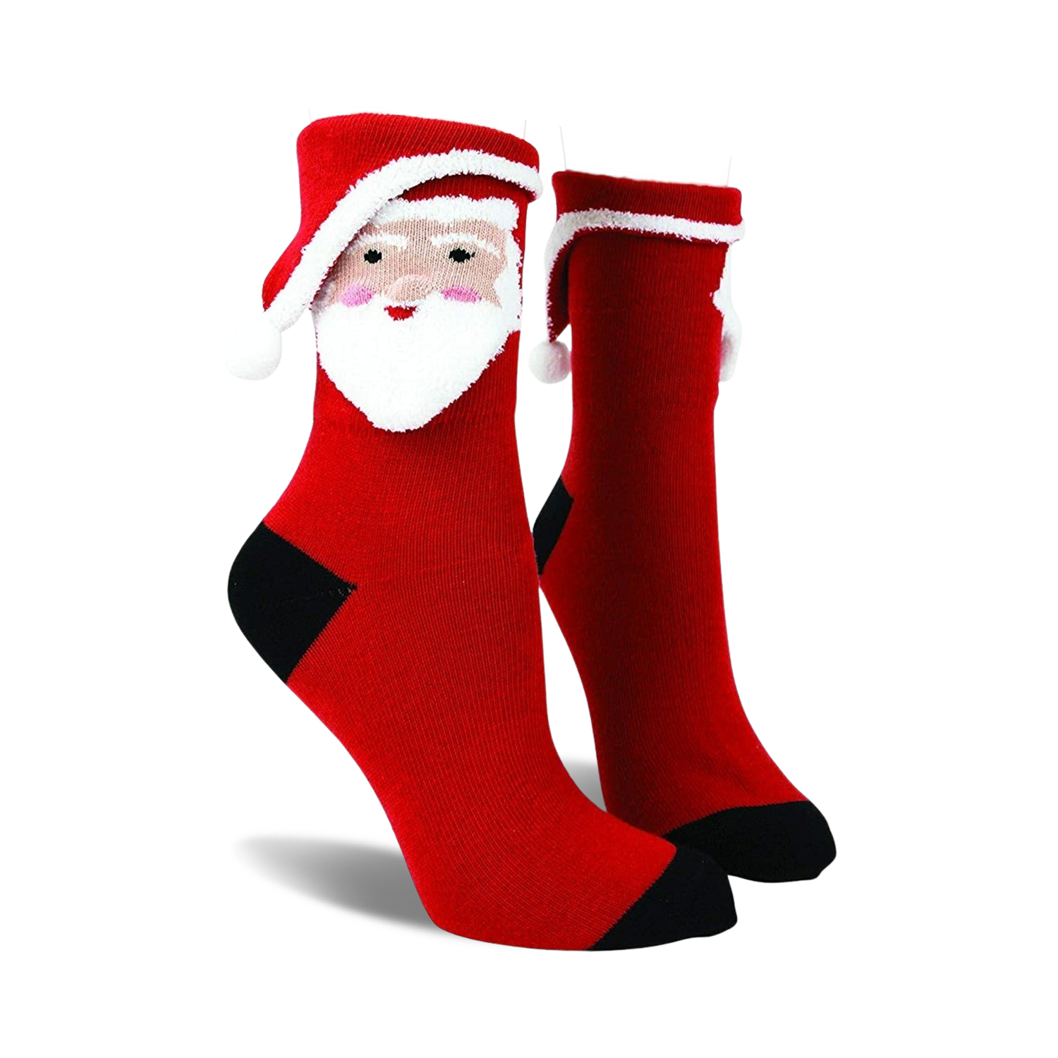 Red crew socks with a 3D Santa face and white fluffy beard. Black heel and toe. Festive and fun!