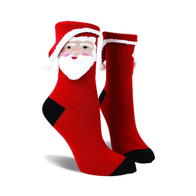 red and white crew socks with a 3d santa claus image and black details, perfect for christmas festivities.   