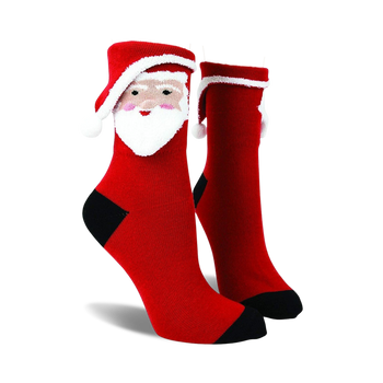 red and white crew socks with a 3d santa claus image and black details, perfect for christmas festivities.   