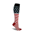 Knee-high socks in red, white, and blue. The top features a field of stars on a navy background, transitioning to wavy stripes of red and white.