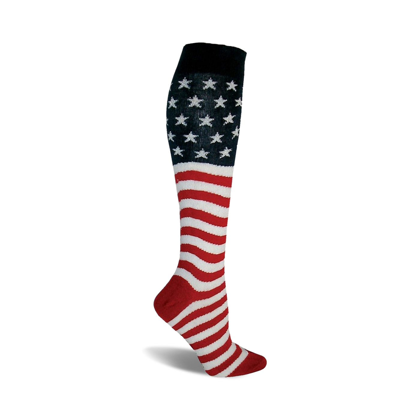 Knee-high socks in red, white, and blue. The top features a field of stars on a navy background, transitioning to wavy stripes of red and white.