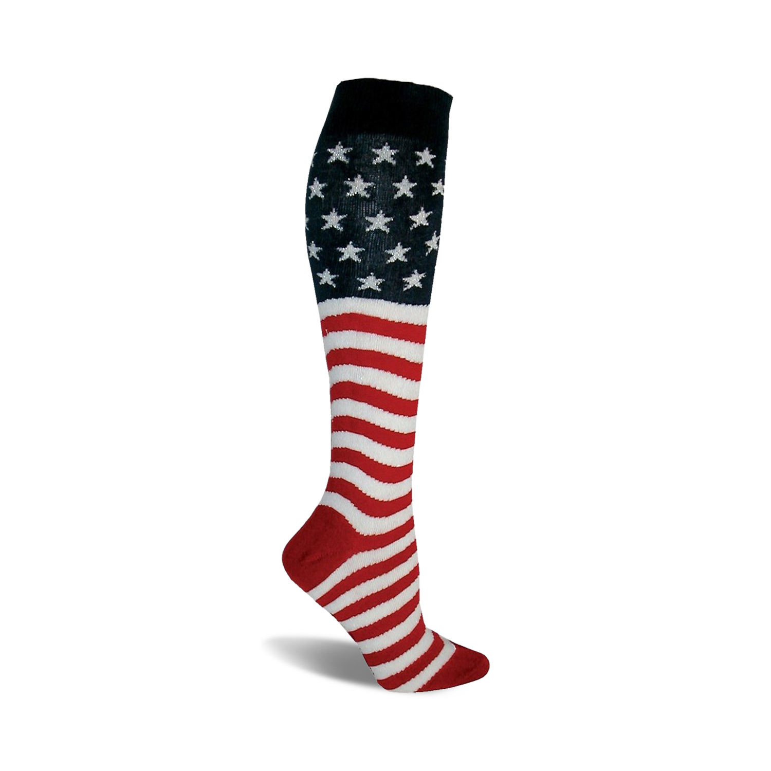 Knee-high socks in red, white, and blue. The top features a field of stars on a navy background, transitioning to wavy stripes of red and white.