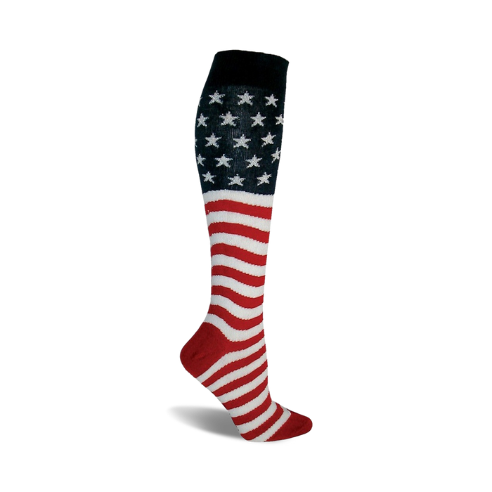 high socks with wavy red and white stripes & blue block at top with white stars.   }}