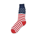 Crew socks in red, white, and navy blue. The top features white stars on a blue background, and the rest is a classic American flag design.