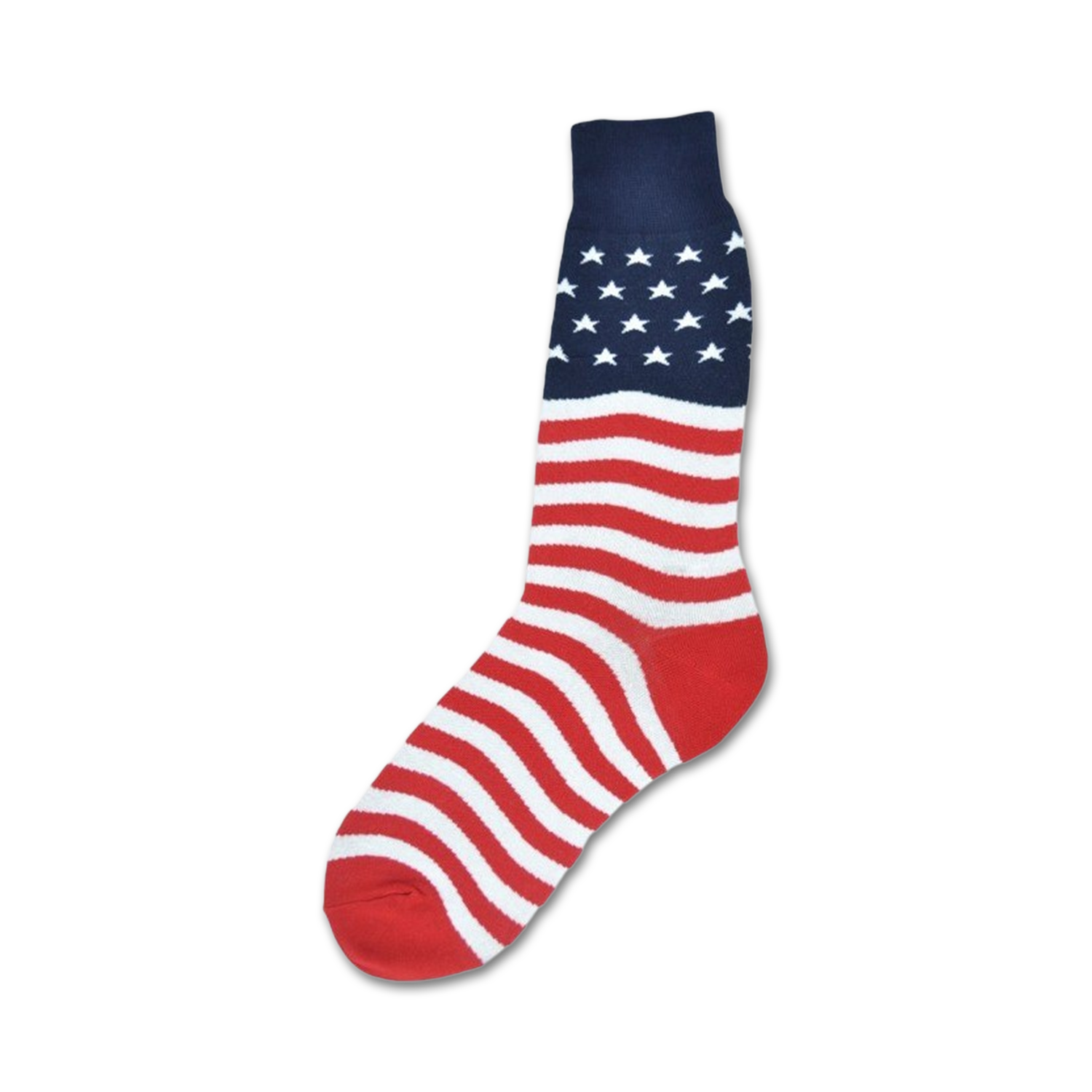 Crew socks in red, white, and navy blue. The top features white stars on a blue background, and the rest is a classic American flag design.