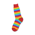 A single crew sock with red, orange, yellow, green, blue, indigo, and violet horizontal stripes. The toe and cuff are red.