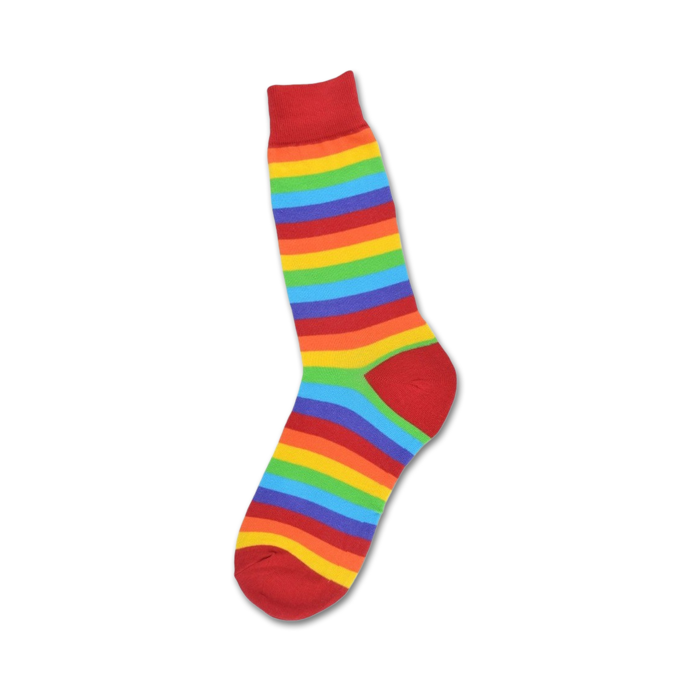 A single crew sock with red, orange, yellow, green, blue, indigo, and violet horizontal stripes. The toe and cuff are red.