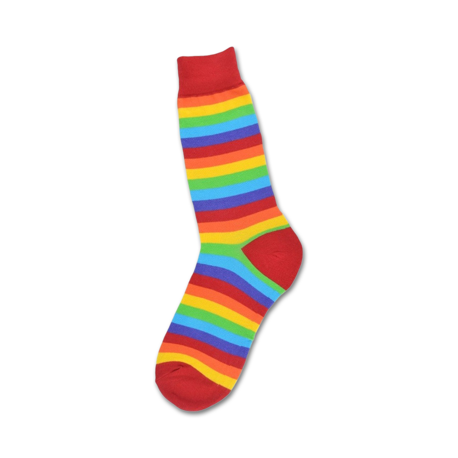 A single crew sock with red, orange, yellow, green, blue, indigo, and violet horizontal stripes. The toe and cuff are red.