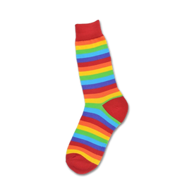 white crew socks with horizontal rainbow stripes in red, orange, yellow, green, blue and purple. perfect for pride month.   