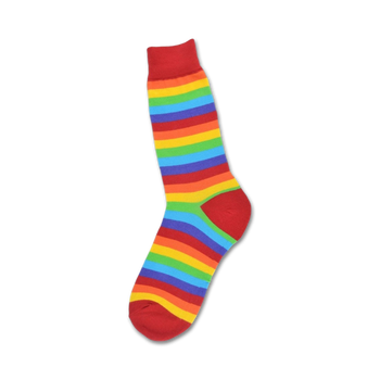 white crew socks with horizontal rainbow stripes in red, orange, yellow, green, blue and purple. perfect for pride month.   