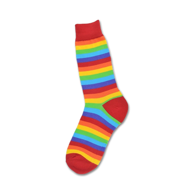 white crew socks with horizontal rainbow stripes in red, orange, yellow, green, blue and purple. perfect for pride month.   