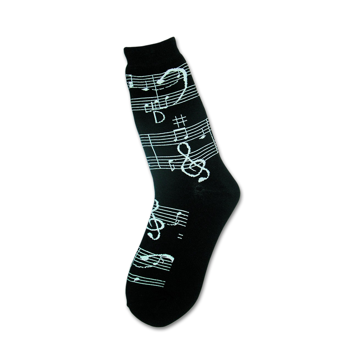 Black crew socks with a white musical notation design, including treble clefs and notes. 