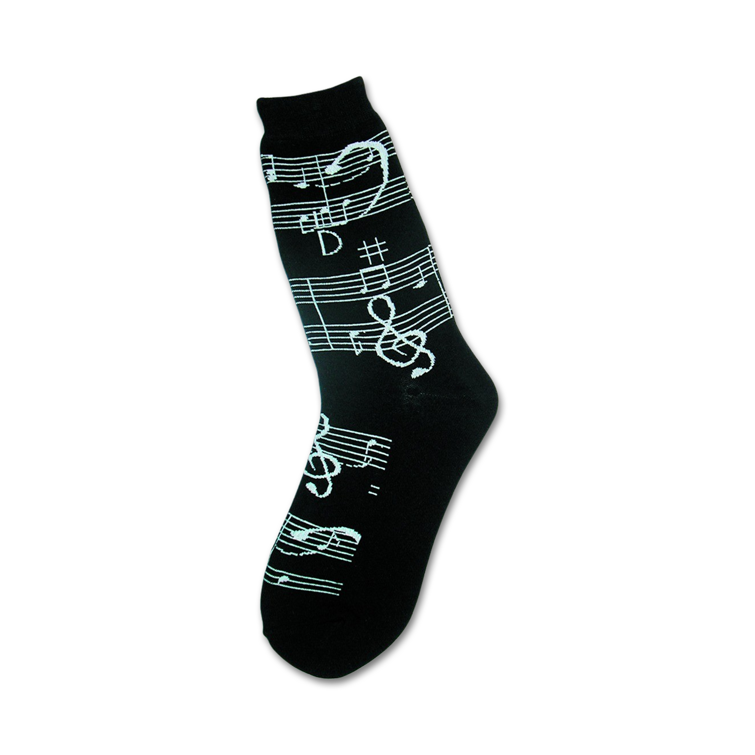Black crew socks with a white musical notation design, including treble clefs and notes. 