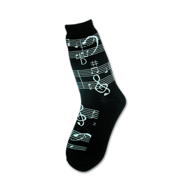 black crew socks with white music notes, treble clefs, quarter and eighth notes, sharps, and flats. for women.  