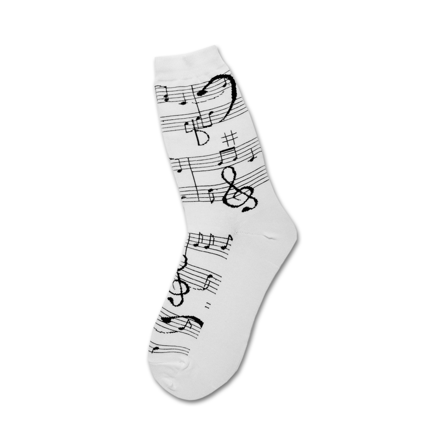 Close-up of white crew socks with black musical notes and clefs.