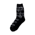 Black crew socks with a silver musical notes and clef design.  A fun and stylish accessory for music lovers.
