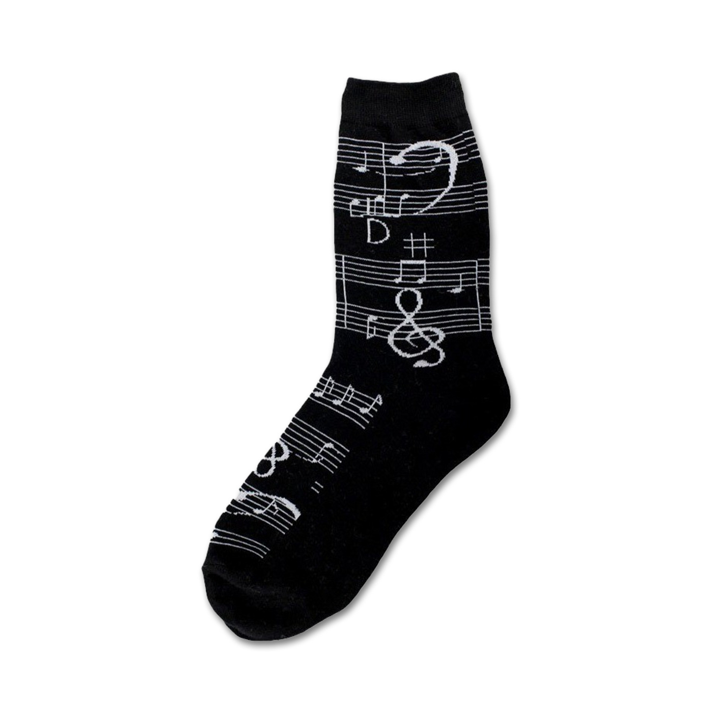 Black crew socks with a silver musical notes and clef design.  A fun and stylish accessory for music lovers.