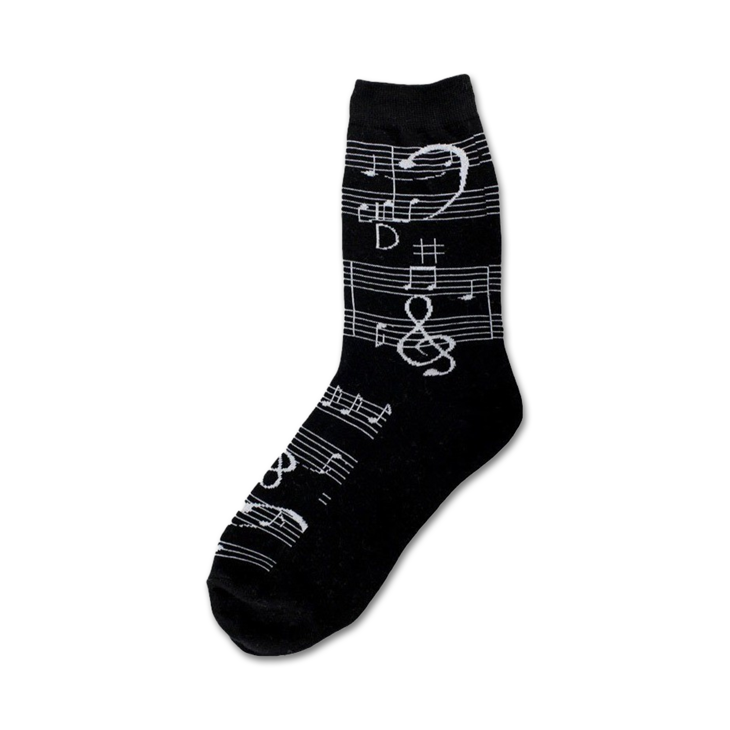 Black crew socks with a silver musical notes and clef design.  A fun and stylish accessory for music lovers.