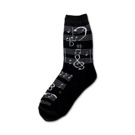black crew socks featuring music notes pattern with treble clefs, quarter notes, eighth notes and sharp symbols designed for men.  