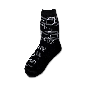 black crew socks featuring music notes pattern with treble clefs, quarter notes, eighth notes and sharp symbols designed for men.  