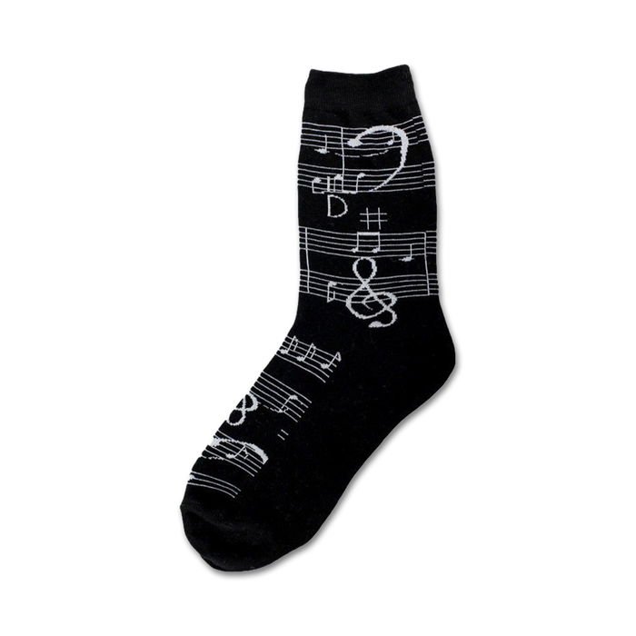 black crew socks featuring music notes pattern with treble clefs, quarter notes, eighth notes and sharp symbols designed for men.   }}