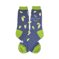 Pair of crew socks, blue with lime green accents, showing tequila shots and limes with the quote "Yes, you can dance!"