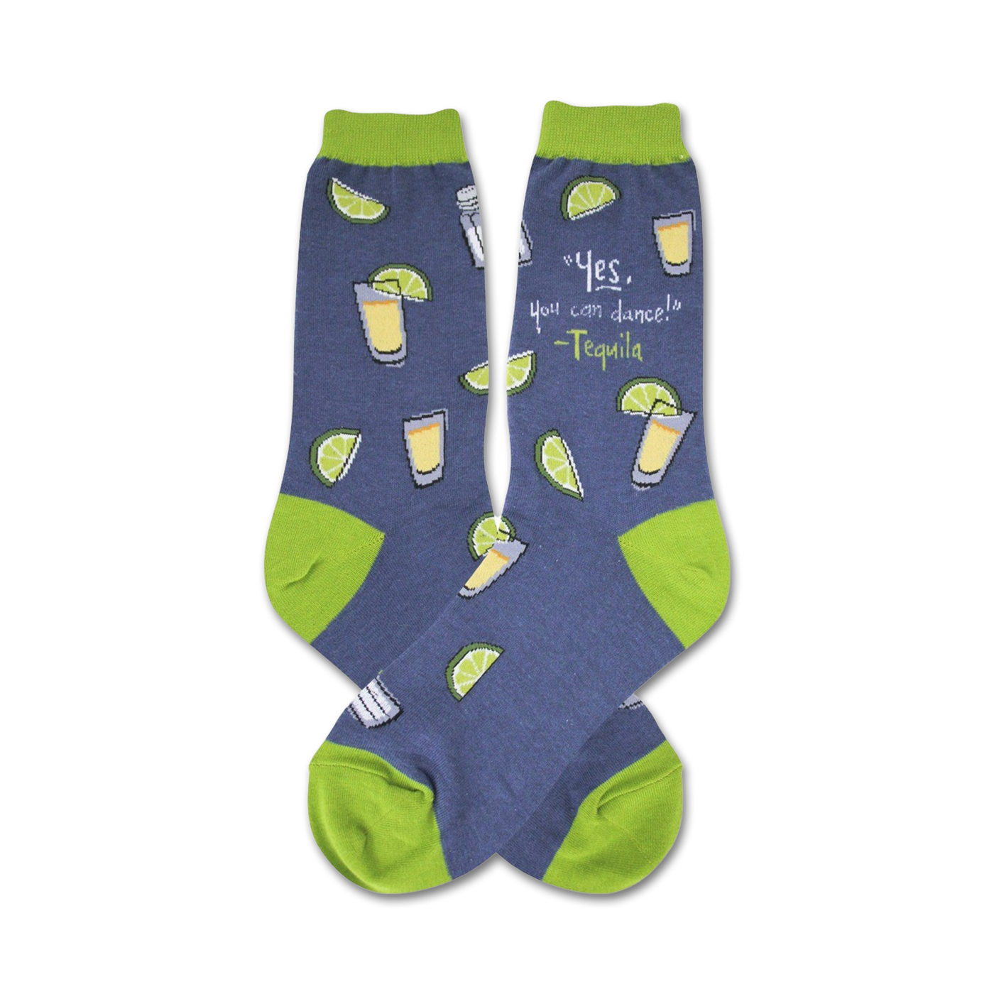 Pair of crew socks, blue with lime green accents, showing tequila shots and limes with the quote "Yes, you can dance!"
