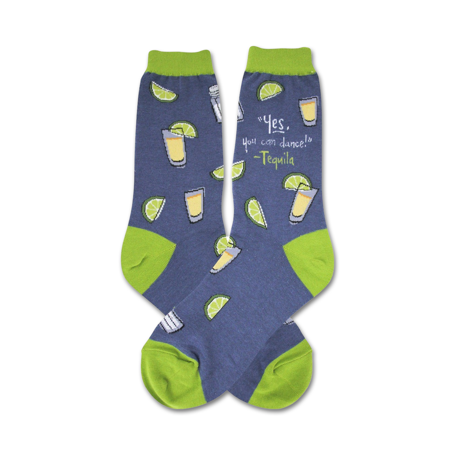 Pair of crew socks, blue with lime green accents, showing tequila shots and limes with the quote "Yes, you can dance!"
