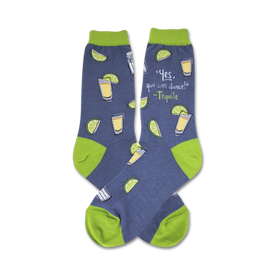 novelty women's blue crew socks with tequila-related images including shot glasses, lime wedges, and the phrase "yes, you can dance".   