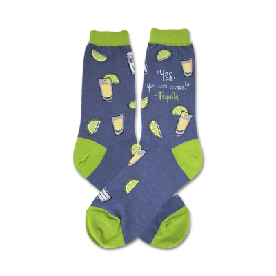 novelty women's blue crew socks with tequila-related images including shot glasses, lime wedges, and the phrase "yes, you can dance".   