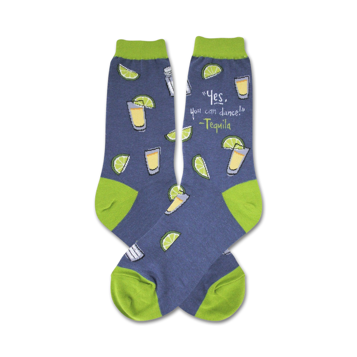 novelty women's blue crew socks with tequila-related images including shot glasses, lime wedges, and the phrase 