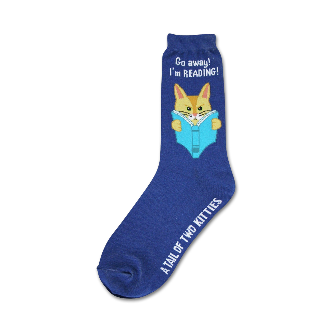 A navy blue crew sock features a cute orange cat reading a blue book. The text 'Go away! I'm reading!' is on the sock. The brand 'A Tail of Two Kitties' is on the bottom.