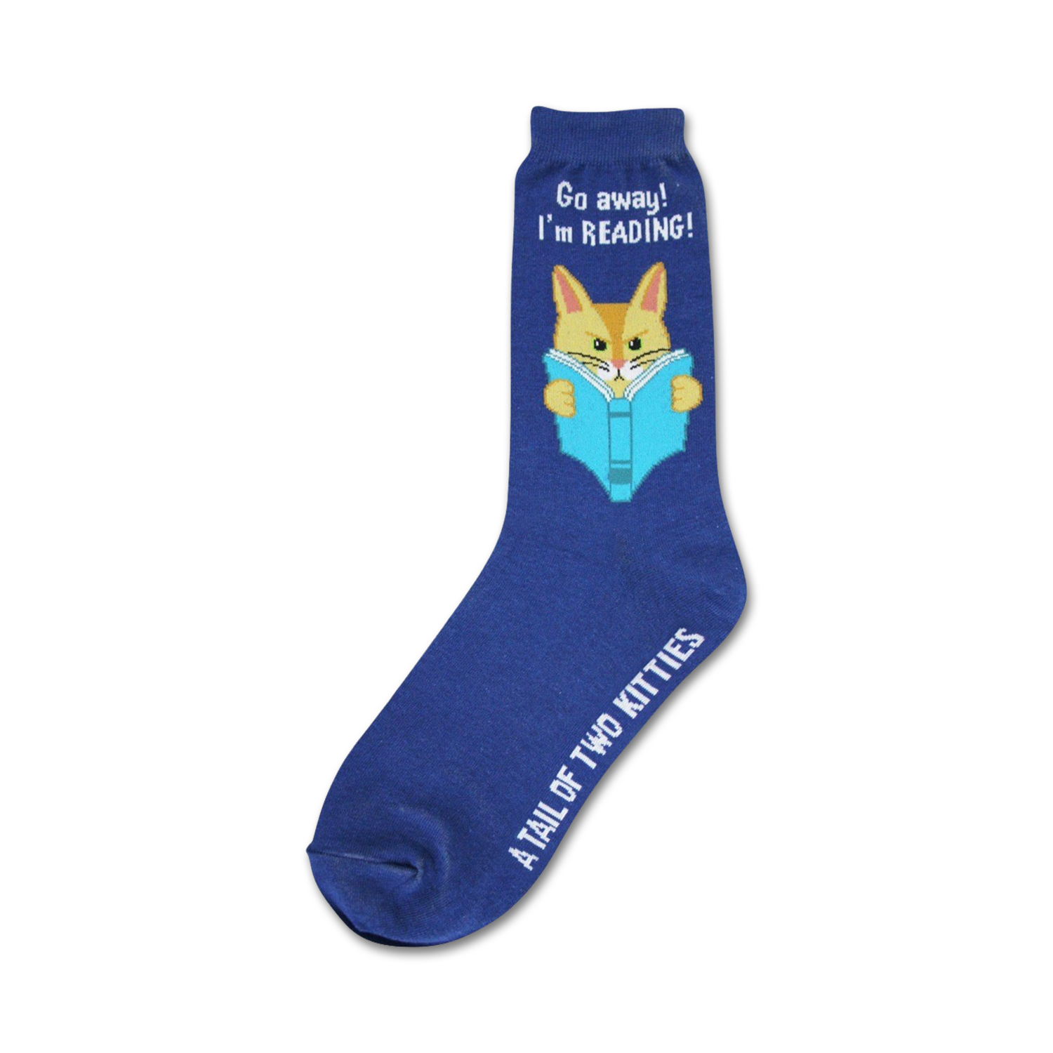 A navy blue crew sock features a cute orange cat reading a blue book. The text 'Go away! I'm reading!' is on the sock. The brand 'A Tail of Two Kitties' is on the bottom.