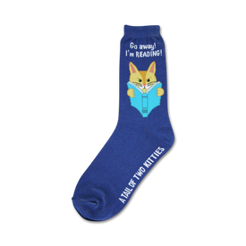 blue crew socks with 'go away! i'm reading!' and 'a tail of two kitties' message, featuring a cat on books.  