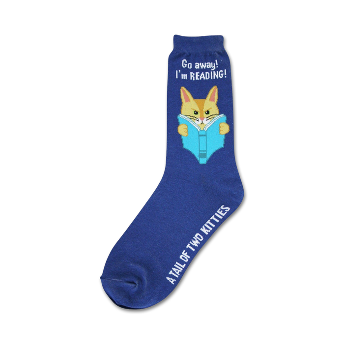 blue crew socks with 'go away! i'm reading!' and 'a tail of two kitties' message, featuring a cat on books.   }}